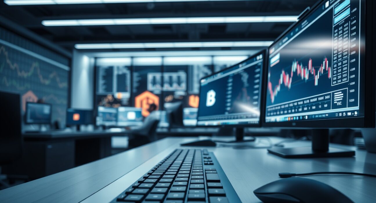 Professional trading desk with monitors displaying financial charts in a modern institutional office setting.