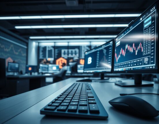 Professional trading desk with monitors displaying financial charts in a modern institutional office setting.