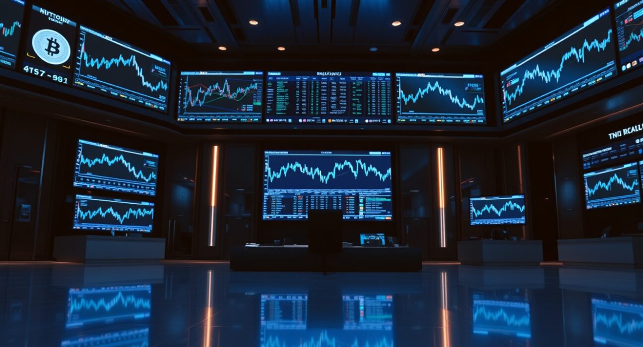 Institutional cryptocurrency trading platform LMAX Group trading floor with digital screens showing market data.