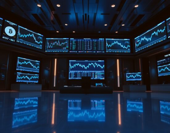 Institutional cryptocurrency trading platform LMAX Group trading floor with digital screens showing market data.