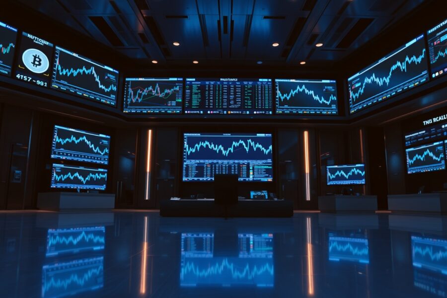 Institutional cryptocurrency trading platform LMAX Group trading floor with digital screens showing market data.