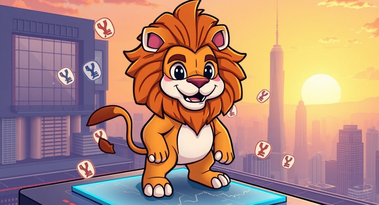 A confident cartoon lion, representing Loaded Lions LION, stands on a crypto exchange platform, symbolizing its listing on Coinone.