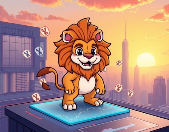 A confident cartoon lion, representing Loaded Lions LION, stands on a crypto exchange platform, symbolizing its listing on Coinone.