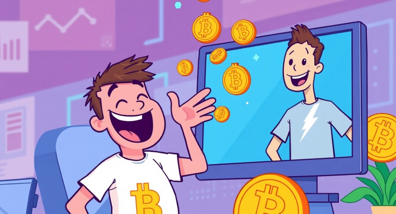 A cartoon illustration showing users earning Bitcoin rewards effortlessly through a browser extension, highlighting Lolli's acquisition of Slice.