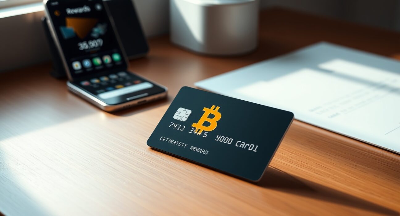 Debit card with Bitcoin symbol on a wooden desk, representing Lolli's new automatic Bitcoin cashback service.