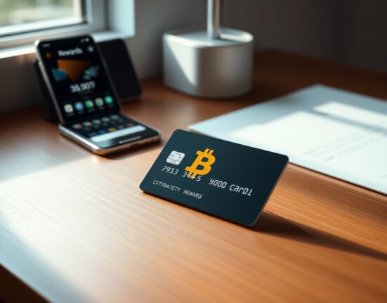 Debit card with Bitcoin symbol on a wooden desk, representing Lolli's new automatic Bitcoin cashback service.