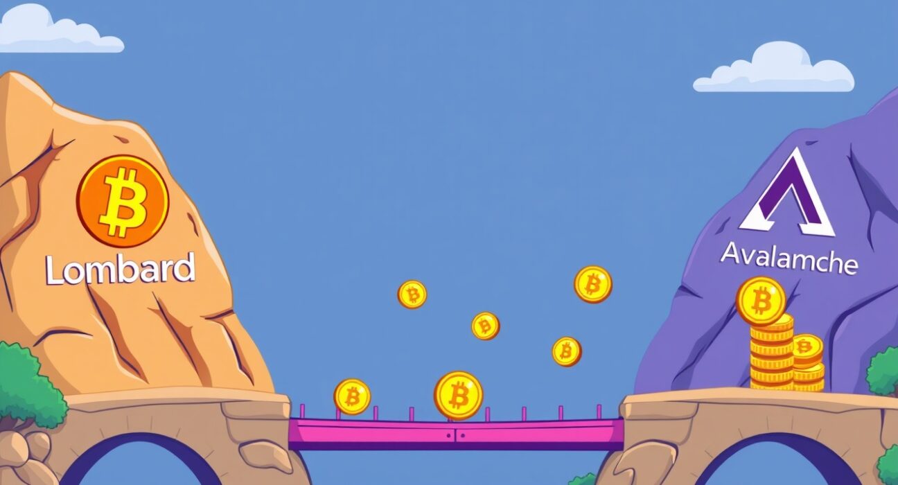 A cartoon illustration showing digital assets, specifically Avalanche-bridged Bitcoin, moving across a bridge from an Avalanche-themed landscape to Lombard's financial infrastructure.