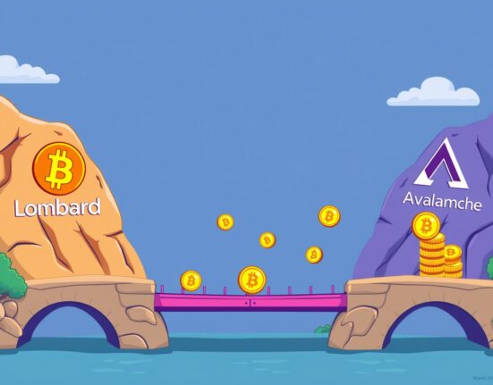 A cartoon illustration showing digital assets, specifically Avalanche-bridged Bitcoin, moving across a bridge from an Avalanche-themed landscape to Lombard's financial infrastructure.
