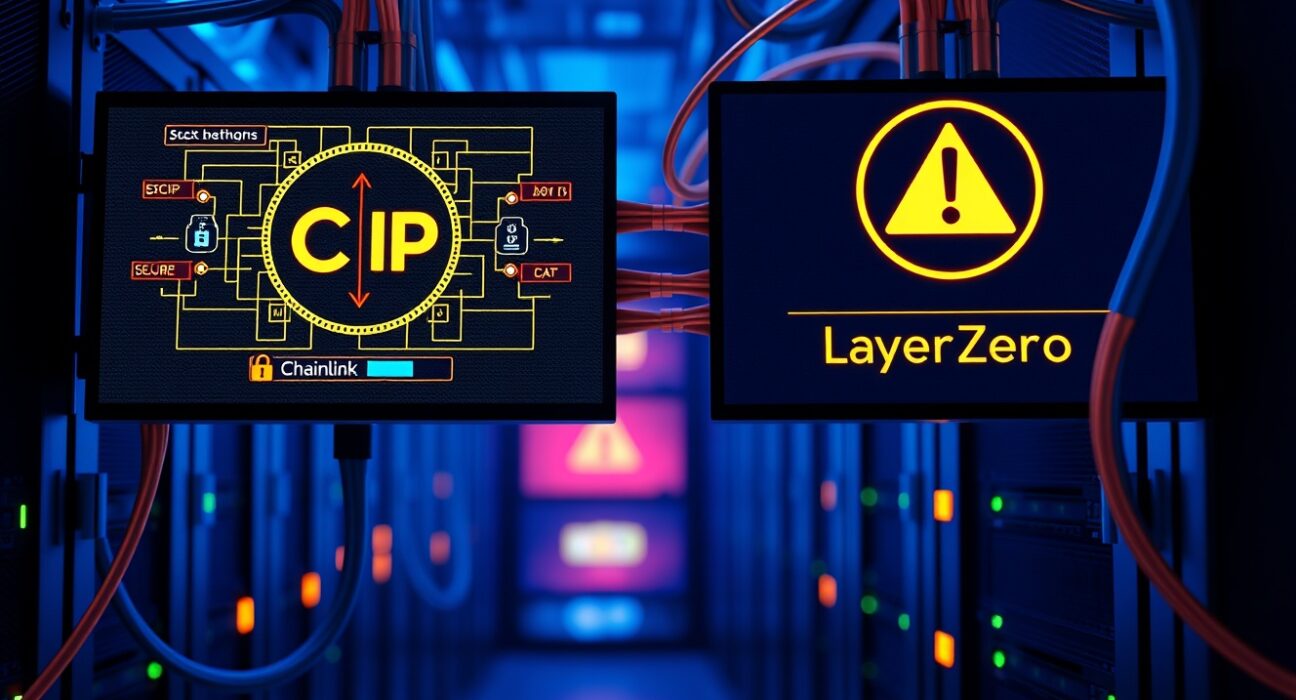 Server room with screens showing Chainlink CCIP and LayerZero blockchain network diagrams