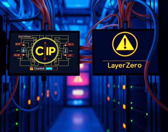 Server room with screens showing Chainlink CCIP and LayerZero blockchain network diagrams