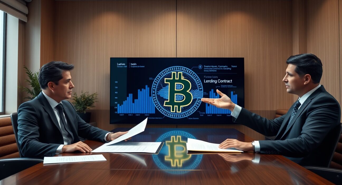 Two financial professionals reviewing a Bitcoin-backed loan agreement in a modern office with a digital display showing BTC and lending interface.