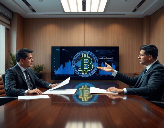 Two financial professionals reviewing a Bitcoin-backed loan agreement in a modern office with a digital display showing BTC and lending interface.