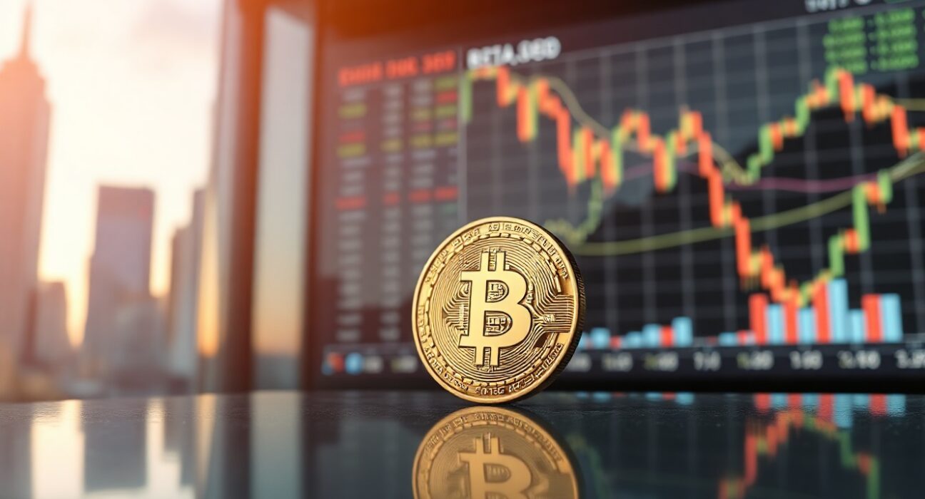 Bitcoin coin with financial district skyline in background at dusk