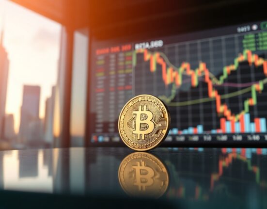 Bitcoin coin with financial district skyline in background at dusk