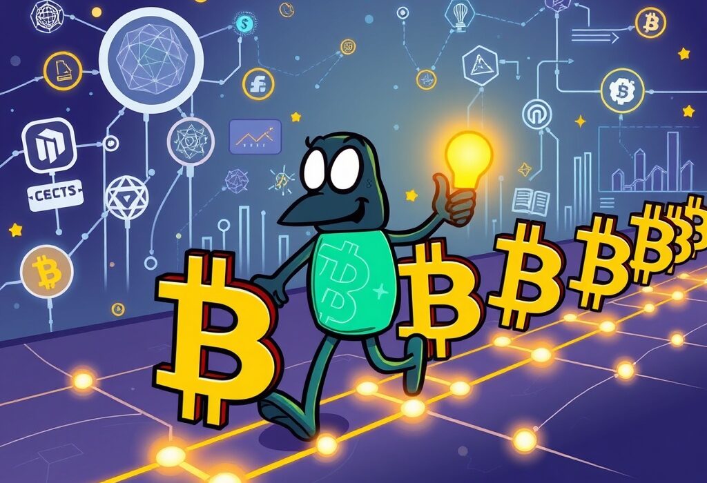 A vibrant cartoon showing Lombard's LBTC token leading the charge in the growing on-chain Bitcoin market.