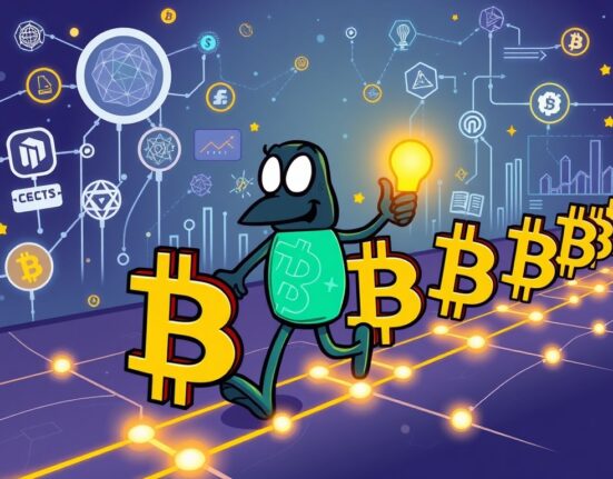 A vibrant cartoon showing Lombard's LBTC token leading the charge in the growing on-chain Bitcoin market.