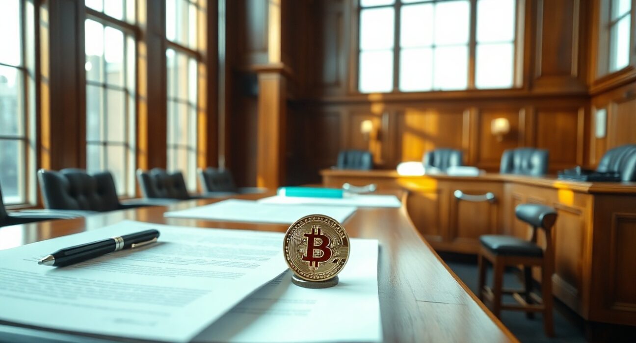 Interior of a London courtroom with a Bitcoin coin on legal documents, symbolizing the legal status of cryptocurrency.