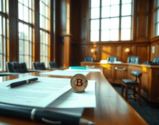 Interior of a London courtroom with a Bitcoin coin on legal documents, symbolizing the legal status of cryptocurrency.