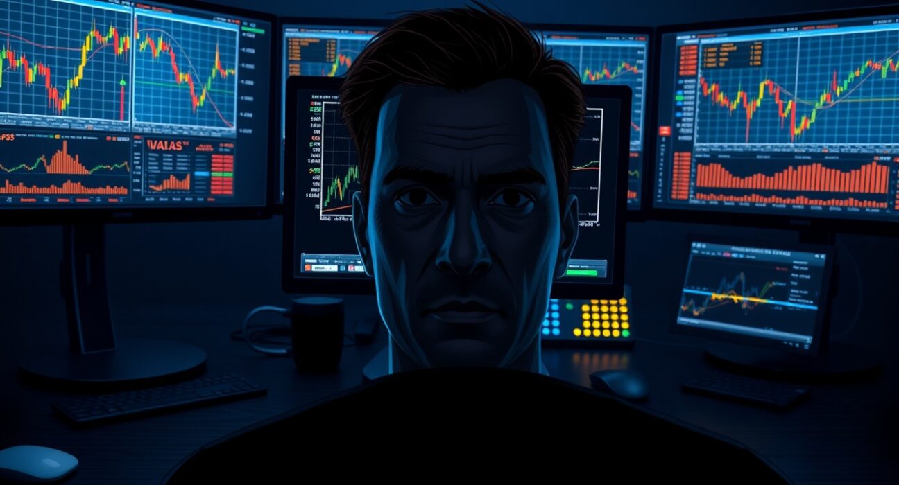 Trading desk with gamma exposure and momentum charts on monitors