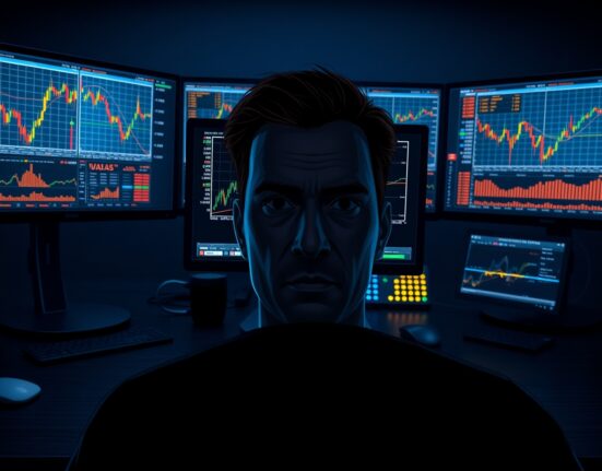 Trading desk with gamma exposure and momentum charts on monitors