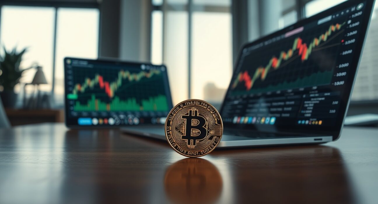 Bitcoin coin on a desk with a laptop showing a price chart in the background