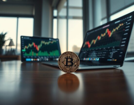 Bitcoin coin on a desk with a laptop showing a price chart in the background