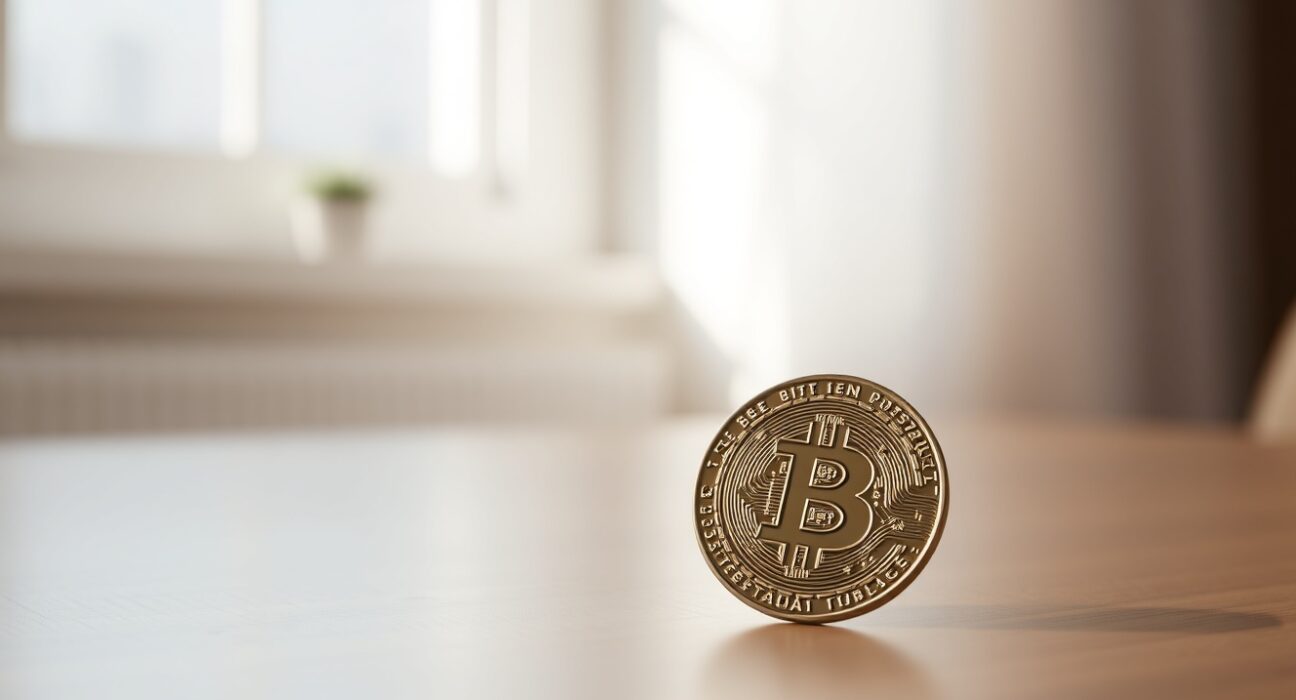 Bitcoin coin on a surface with a subtle accumulation graph in the background, representing long-term holding.