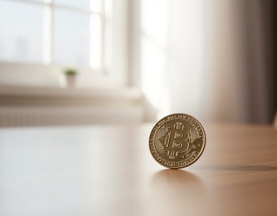Bitcoin coin on a surface with a subtle accumulation graph in the background, representing long-term holding.