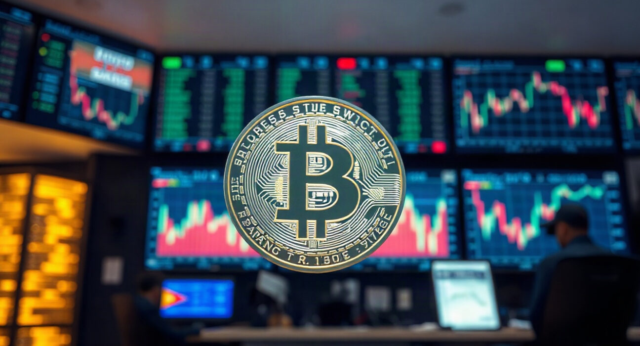 Bitcoin coin in foreground with charts showing long-term holder distribution trends