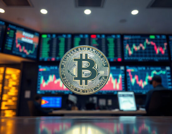 Bitcoin coin in foreground with charts showing long-term holder distribution trends