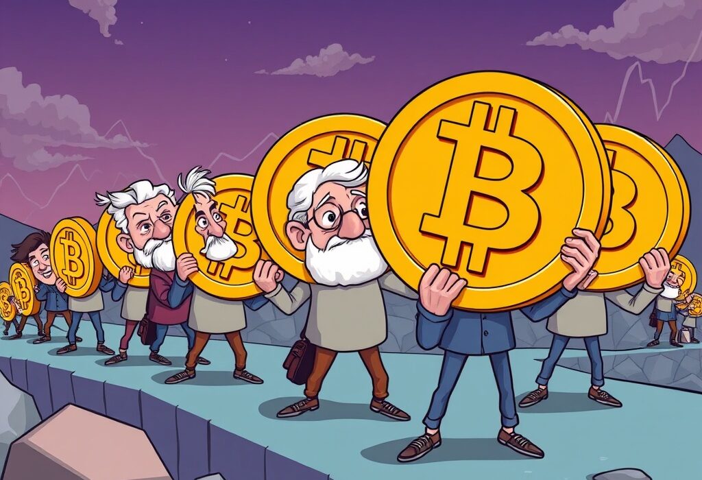 Cartoon illustrating resilient long-term BTC holders steadfastly holding their Bitcoin, symbolizing enduring commitment.