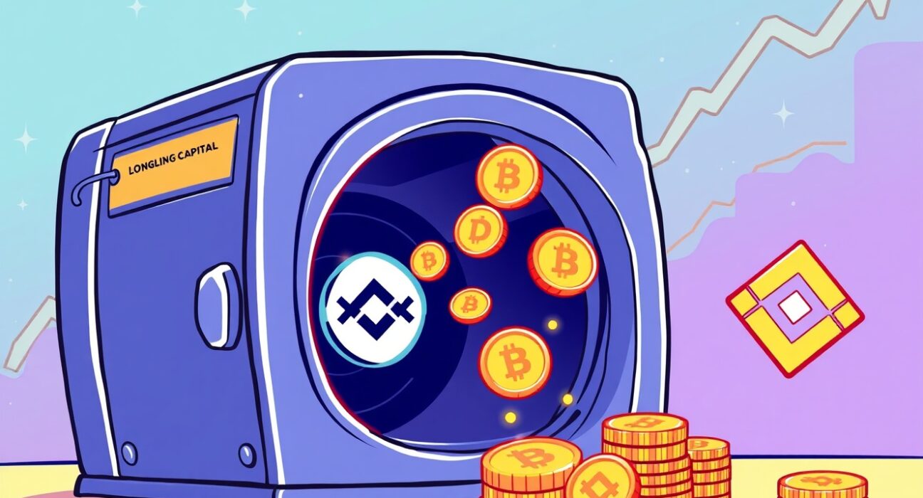A cartoon illustration showing a large Longling Capital Binance Deposit of various cryptocurrencies flowing into an exchange, signifying significant market activity.