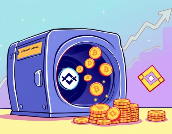 A cartoon illustration showing a large Longling Capital Binance Deposit of various cryptocurrencies flowing into an exchange, signifying significant market activity.