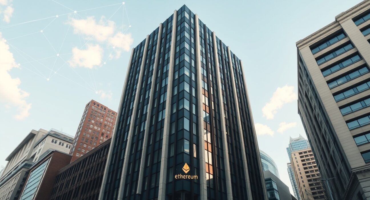 Exterior view of a financial building representing Longling Capital, with digital Ethereum symbols in the sky