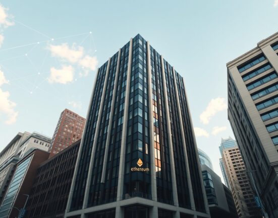 Exterior view of a financial building representing Longling Capital, with digital Ethereum symbols in the sky