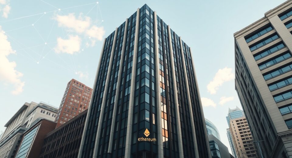 Exterior view of a financial building representing Longling Capital, with digital Ethereum symbols in the sky
