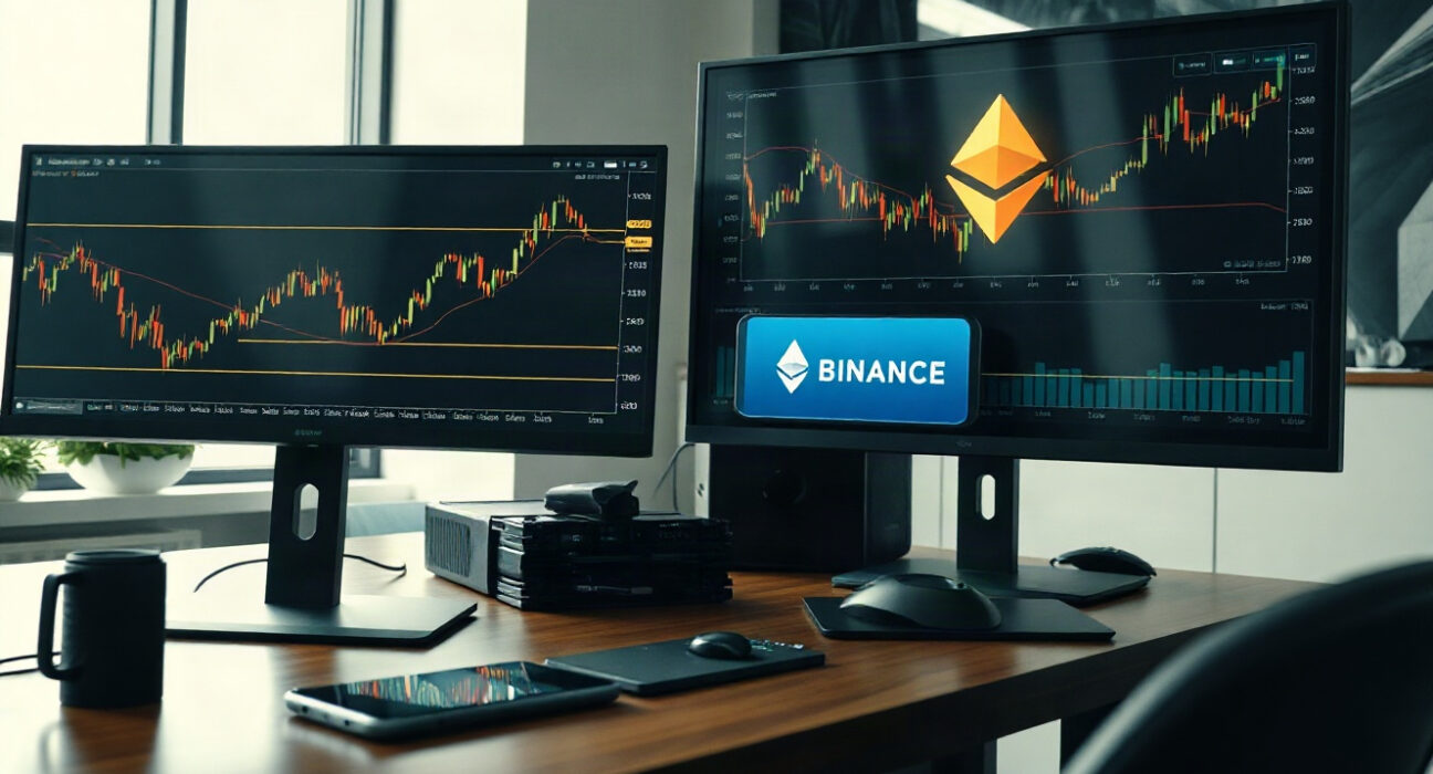 Ethereum price charts on trading monitors at a financial desk, with a Binance logo visible on one screen.