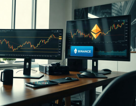 Ethereum price charts on trading monitors at a financial desk, with a Binance logo visible on one screen.