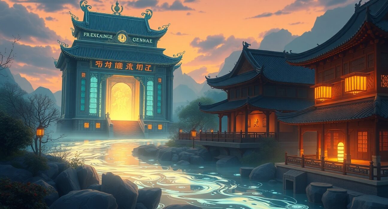 Strategic cryptocurrency investment flow illustrated as a digital river between an exchange and a firm.