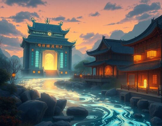 Strategic cryptocurrency investment flow illustrated as a digital river between an exchange and a firm.