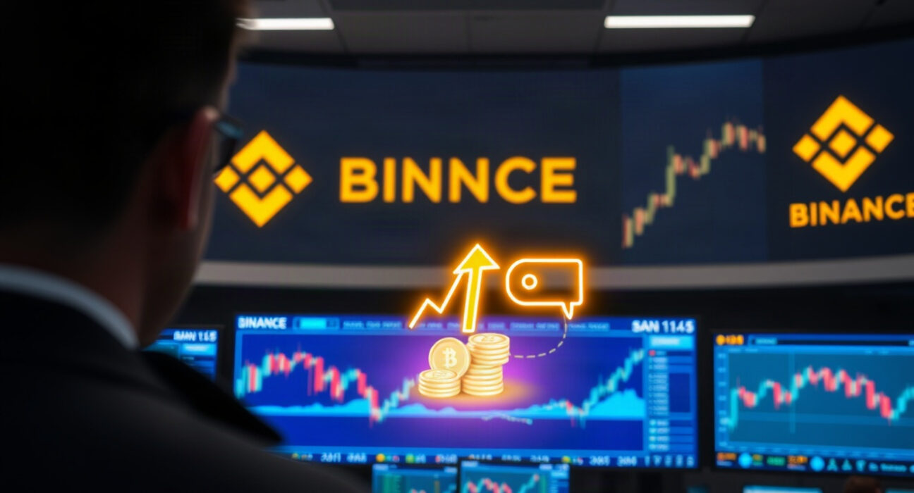 Illustration of a large cryptocurrency deposit to Binance, with a wallet icon and charts.
