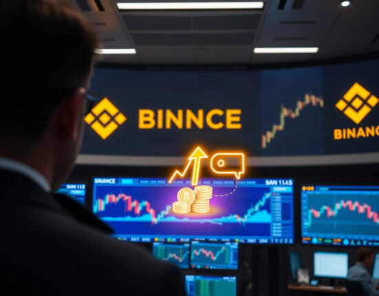 Illustration of a large cryptocurrency deposit to Binance, with a wallet icon and charts.