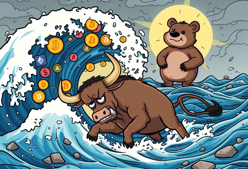 An exaggerated cartoon showing a crypto bull being liquidated, illustrating the recent surge in crypto futures liquidations.