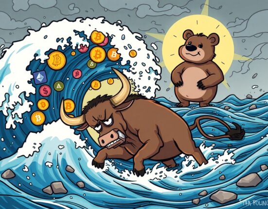 An exaggerated cartoon showing a crypto bull being liquidated, illustrating the recent surge in crypto futures liquidations.