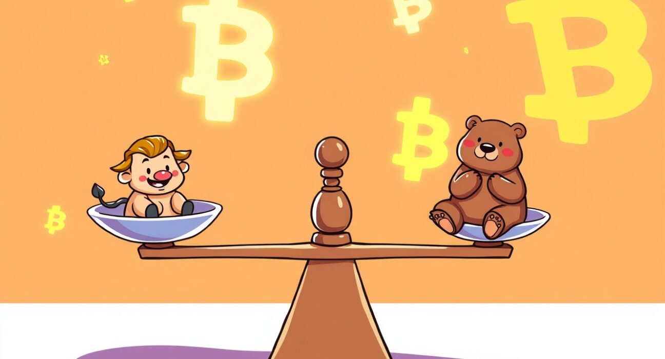 A cartoon scale showing bulls with a slight edge over bears in BTC perpetual futures sentiment.