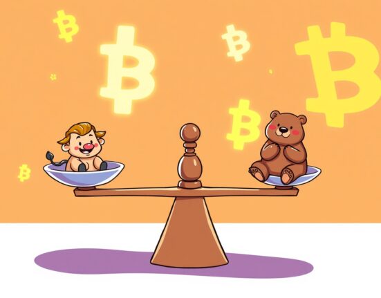 A cartoon scale showing bulls with a slight edge over bears in BTC perpetual futures sentiment.