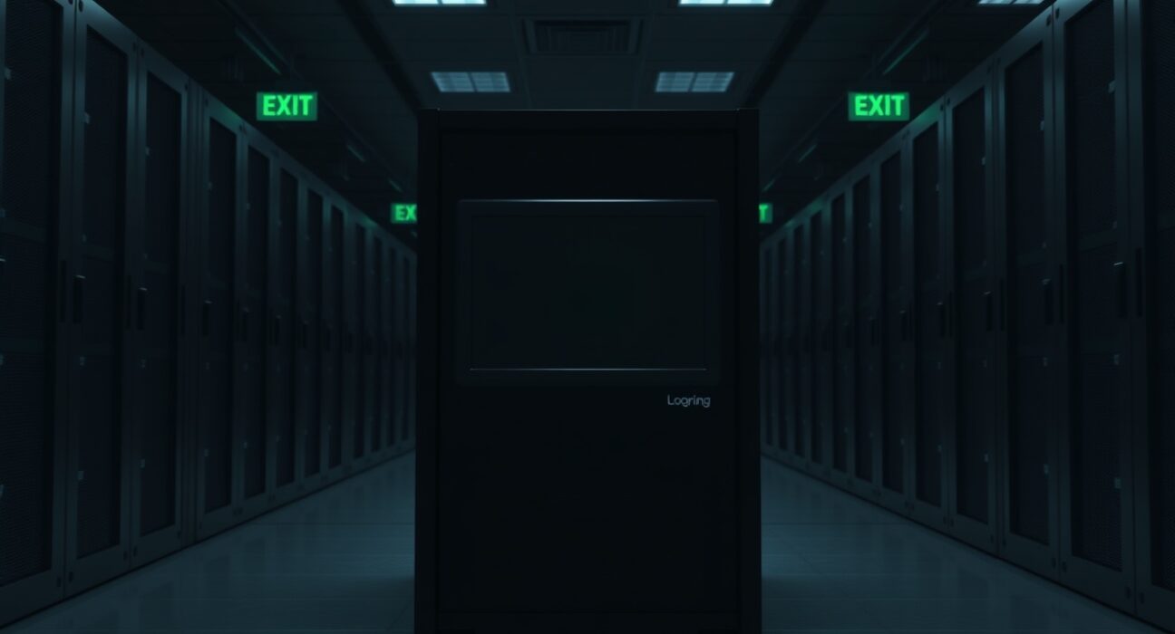 Dimly lit data center with inactive servers representing Loopring's shutdown