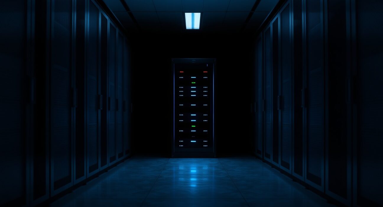 Darkened server room with a single illuminated server rack, representing the shutdown of Loopring's DEX services.