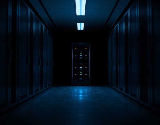 Darkened server room with a single illuminated server rack, representing the shutdown of Loopring's DEX services.