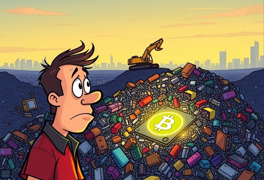 A man regrets discarding a hard drive containing lost Bitcoin, now worth a fortune, in a vast landfill.